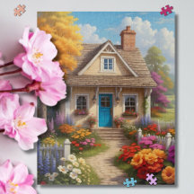 Jardin de cottage cosy avec porte bleue