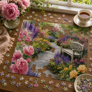 Puzzle Jardin de cottage enchanté - chemin et banc floral