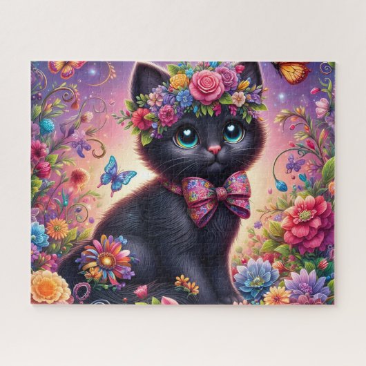Puzzle Jardin de fleurs de chat noir mignon (Horizontal)