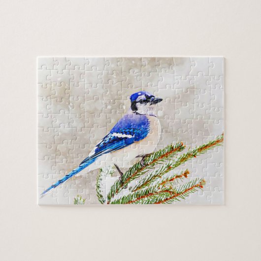 Puzzle Jay bleu dans un pin avec neige (Horizontal)