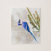 Puzzle Jay bleu dans un pin avec neige (Vertical)