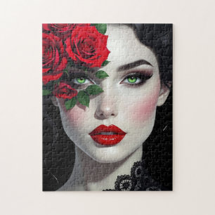 Puzzle Je t'aime   Belle femme avec rose rouge