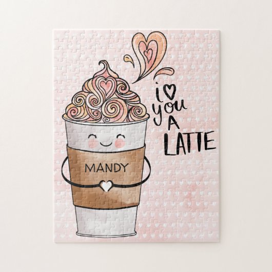 Puzzle Je T'Aime Un Latte Cute Kawaii Coffee Cup & Hearts (Vertical)