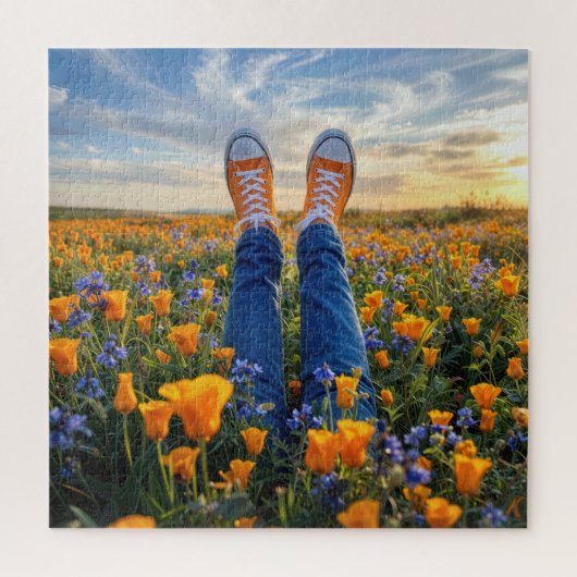 Puzzle Jean en Denim et Baskets Orange dans des Fleurs (Vertical)