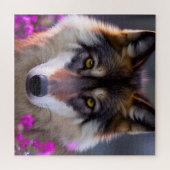 Puzzle Jeune loup dans les fleurs roses fuchsia (Horizontal)
