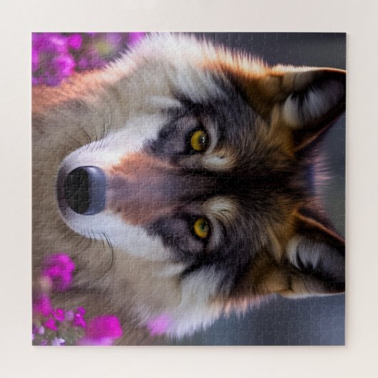 Puzzle Jeune loup en fleurs rose fuchsia (Horizontal)
