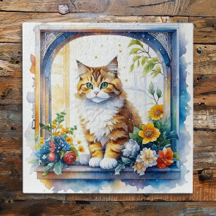 Puzzle Joli chat dans une fenêtre de fleurs