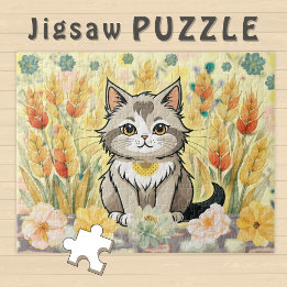 Puzzle Joli Chat de Dessin Animé dans un Champ de Blé de