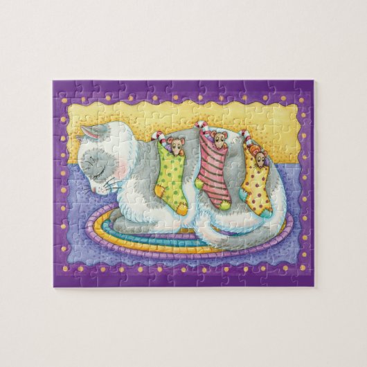 Puzzle Joli chat de Noël dormant avec des souris dans des (Horizontal)