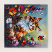 Puzzle Joli chat fantaisiste, fleurs et papillons (Horizontal)