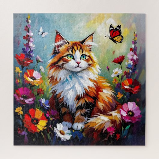 Puzzle Joli chat fantaisiste, fleurs et papillons (Vertical)