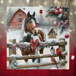 Puzzle Joli Cheval Brown et Blanc Ferme rustique Noël<br><div class="desc">Puzzle de Noël. Ai aquarelle illustration d'une scène sur une ferme rustique avec un cheval brun et blanc peint ou pinto et des cardinaux et une clôture de bois décorée dans des cônes de pins,  des baies et des guirlandes lors d'un jour d'hiver de Noël.</div>