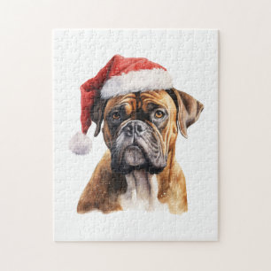 Puzzle Joli chien de boîte de Noël avec chapeau de Père N