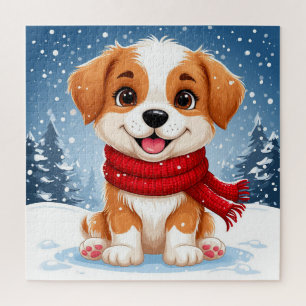 Puzzle Joli chiot assis dans un paysage hivernal enneigé