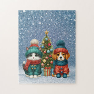 Puzzle Joli chiot de Noël & chaton