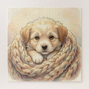 Puzzle Joli chiot enveloppé dans une couverture tricotée