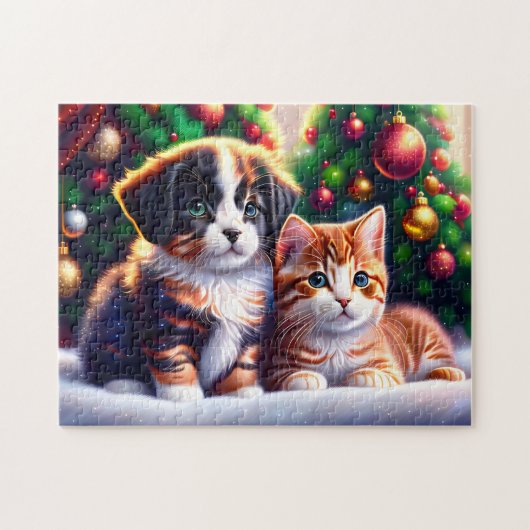 Puzzle Joli chiot et chat sous l'arbre de Noël (Horizontal)