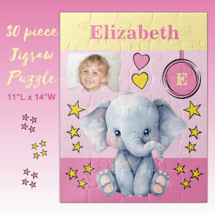 Puzzle Joli éléphant photo nom enfants jaune rose