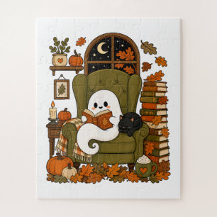 Puzzle Joli fantôme lisant un livre Chat noir Automne Cit