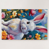Puzzle Joli Lapin Blanc Entouré de Fleurs Vibrantes (Horizontal)
