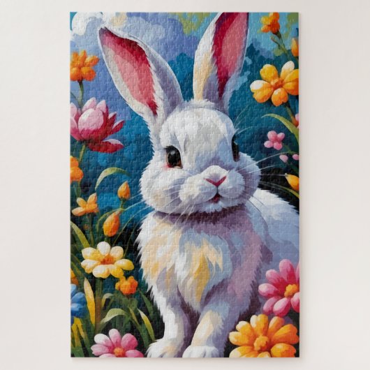 Puzzle Joli Lapin Blanc Entouré de Fleurs Vibrantes (Vertical)