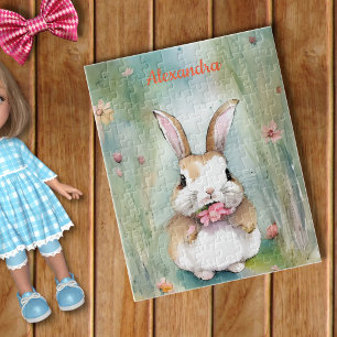 Puzzle Joli lapin pastel aquarelle fleurs de printemps