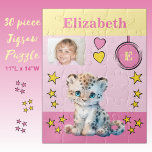Puzzle Joli léopard photo nom enfants jaune rose<br><div class="desc">Puzzle de 30 pièces pour enfants. Doté d'un mignon léopard,  d'étoiles et de coeurs d'amour. Ajoutez un nom,  une initiale et une photo. Plan de couleurs : rose et jaune Idée cadeau pour enfants.</div>