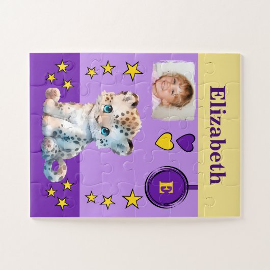 Puzzle Joli léopard photo nom jaune violet enfants (Horizontal)
