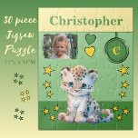 Puzzle Joli léopard photo nom vert jaune enfants<br><div class="desc">Puzzle de 30 pièces pour enfants. Doté d'un mignon léopard,  d'étoiles et de coeurs d'amour. Ajoutez un nom,  une initiale et une photo. Modèle de couleurs : vert et jaune Idée cadeau pour enfants.</div>