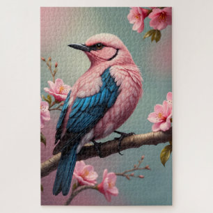 Puzzle joli oiseau coloré sur une branche avec des fleurs