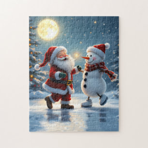 Puzzle Joli Père Noël et bonhomme de neige dansant sur la