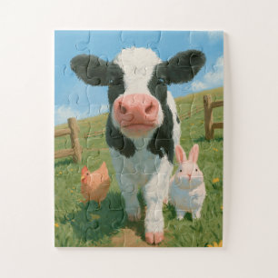 Puzzle Joli Veau avec Poule et Lapin à la Ferme