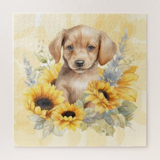 Puzzle Jolie Brown Chiot Tournesol Jaune Aquarelle (Vertical)