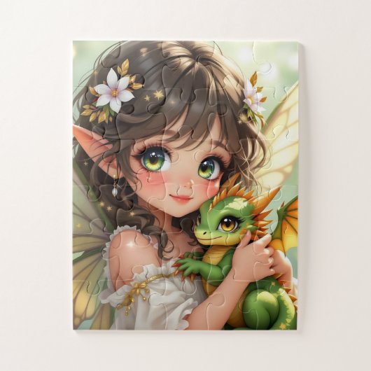 Puzzle Jolie fée d'anime et dragon Chibi (Vertical)
