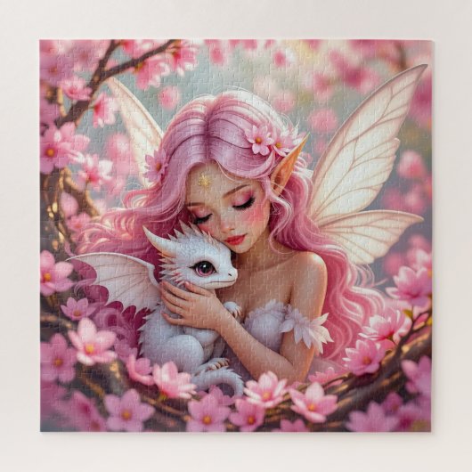 Puzzle Jolie fée elfe rose et dragon (Vertical)