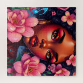 Puzzle Jolie femme de couleur aux fleurs roses (Horizontal)