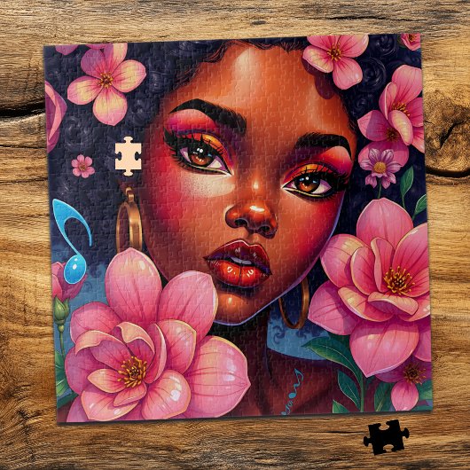 Puzzle Jolie femme de couleur aux fleurs roses