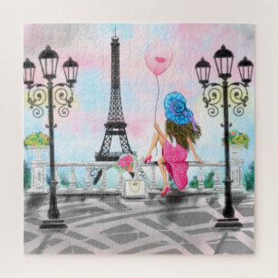 Puzzle Jolie femme et ballon de coeur rose - I Love Paris