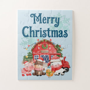 Puzzle Jolie ferme de Noël Animaux sur bleu clair
