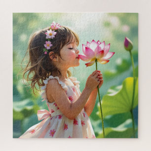 Puzzle Jolie petite fille sentant une rose rose