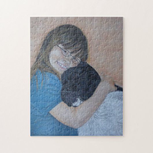 Puzzle jolie photo d'enfant enlacé grand chien (Vertical)