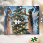 Puzzle Jolies fées décorant l'arbre de Noël<br><div class="desc">Illustration de fées ou d'anges afro-américains décorant un sapin de Noël dans un pays des merveilles hivernales. Beau arrière - plan éthérée conte de fées.</div>