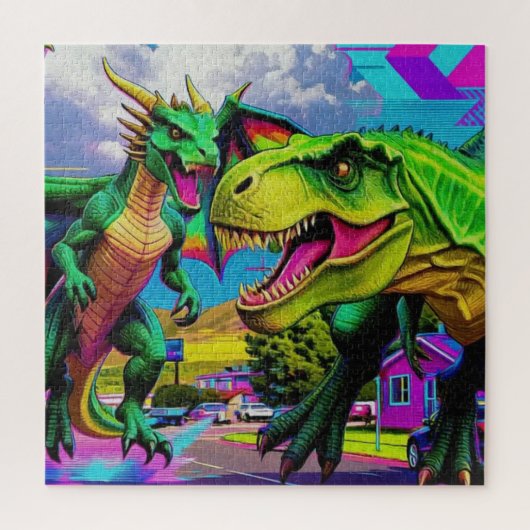 Puzzle Jouons - Dragon Vert et Dinosaure (Vertical)