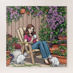 Puzzle Jour de détente   Femmes avec café, chats et Plant