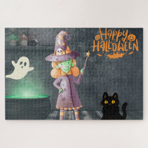 Puzzle Joyeuse Sorcière Halloween, Chat Noir, Fantôme