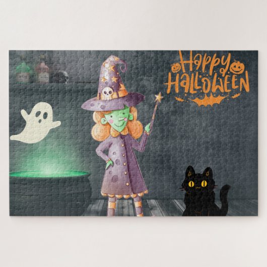 Puzzle Joyeuse Sorcière Halloween, Chat Noir, Fantôme (Horizontal)