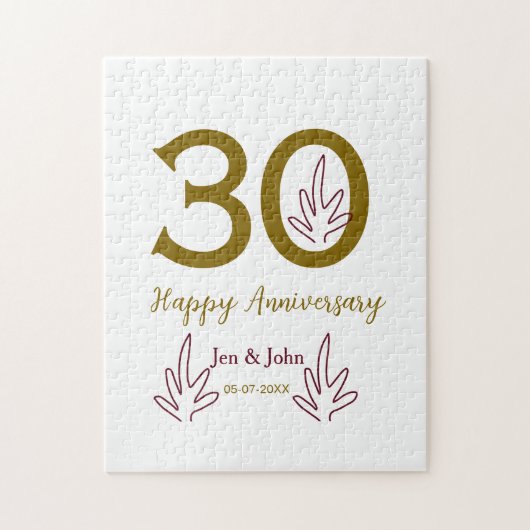 Puzzle Joyeux 30e anniversaire nom date feuille rouge dor (Vertical)