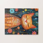 Puzzle Joyeux Chat Orange Fleurs Whimsical (Horizontal)