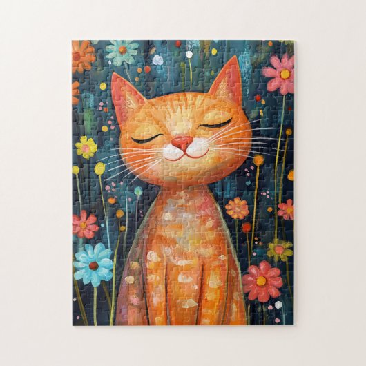 Puzzle Joyeux Chat Orange Fleurs Whimsical (Vertical)