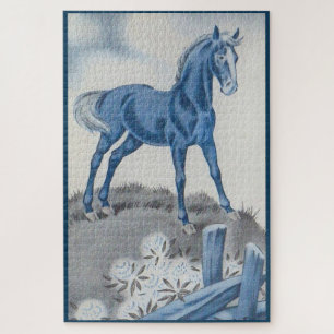 Puzzle joyeux cheval en bleu